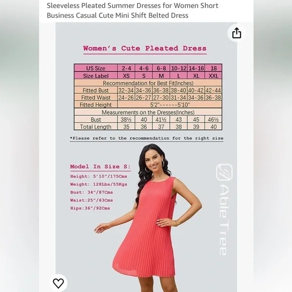 Sleeveless Pleated Dress Business Casual Cute Mini Shift Belted Dress new - Picture 3 of 6